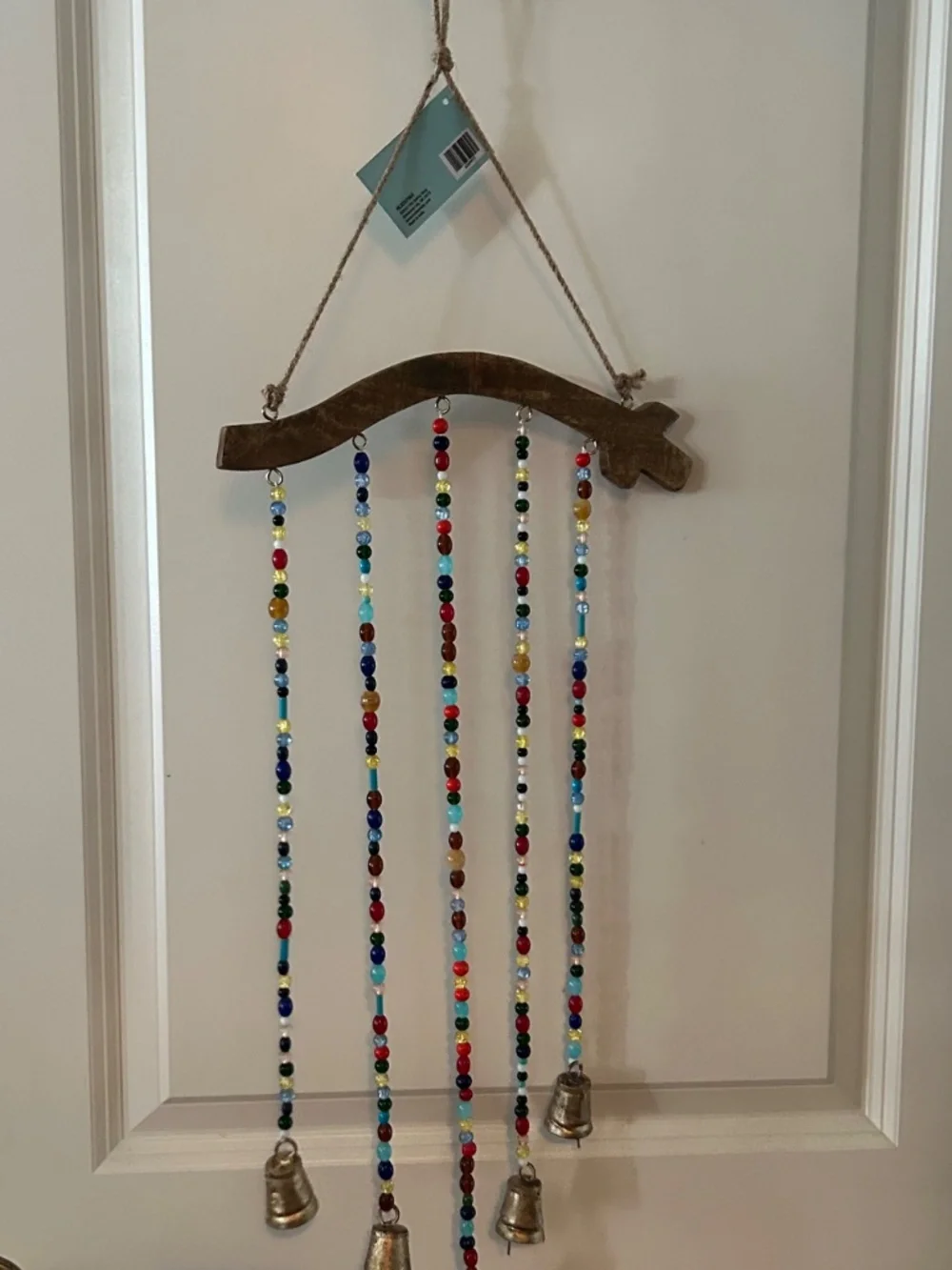 Boho Beaded Wind Chime Rustic Driftwood Glass Beads Brass Bells NWT